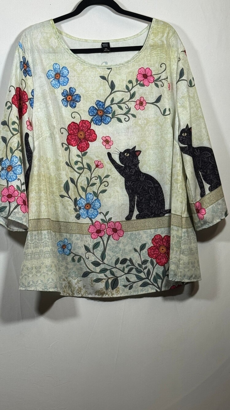 Emery Rose 2XL Blouse Floral Black Cat Print Long Sleeve Scoop Neck 529